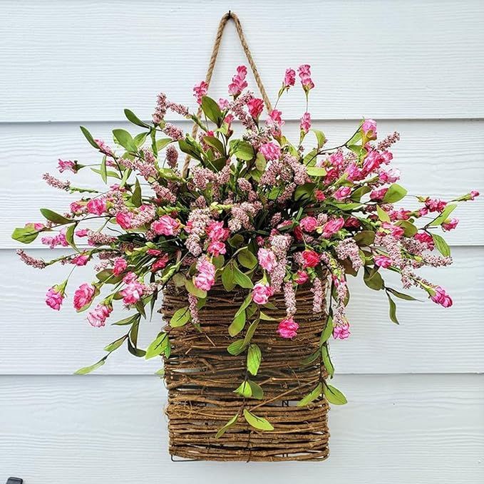 Pink Berry Wildflower Door Hanger Basket Wreath, Seasonal Welcome Sign Front Door Decoration, Spr... | Amazon (US)