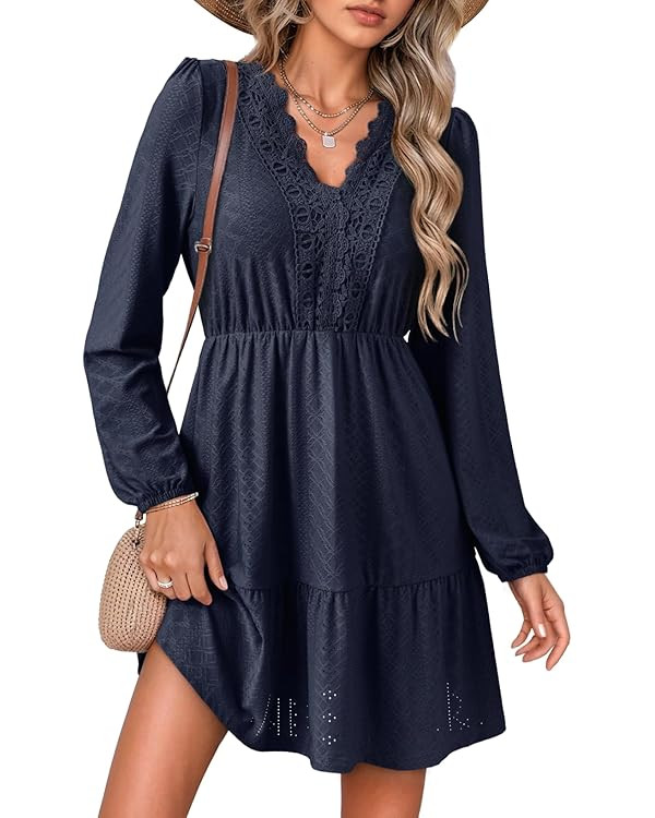 Dokotoo Fall Dresses for Women 2025 Elegant Lace Hollow Out Embroidered V Neck Long Sleeve Casual... | Amazon (US)