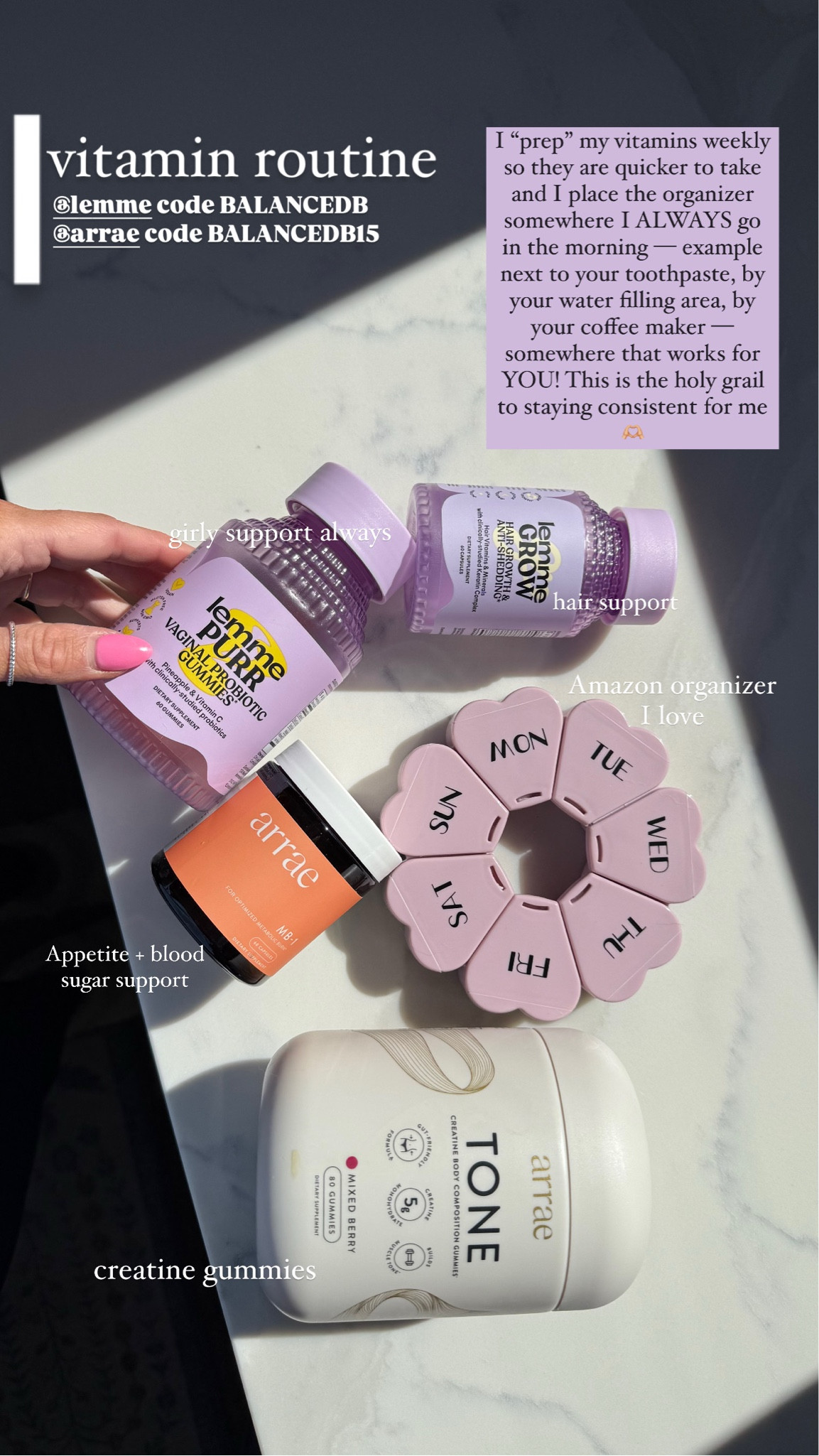 Vitamin routine!!
Lemme code BALANCEDB15
Arrae code BALANCEDB15

#LTKMostLoved 

#LTKActive #LTKBeauty