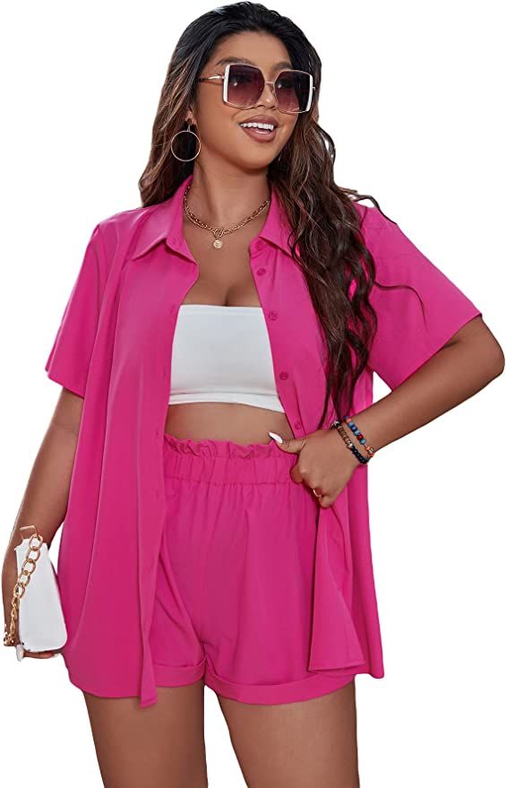 SHENHE Women's Two Piece Outfits Plus Size Button Up Short Sleeve Shirt and Shorts Set | Amazon (US)