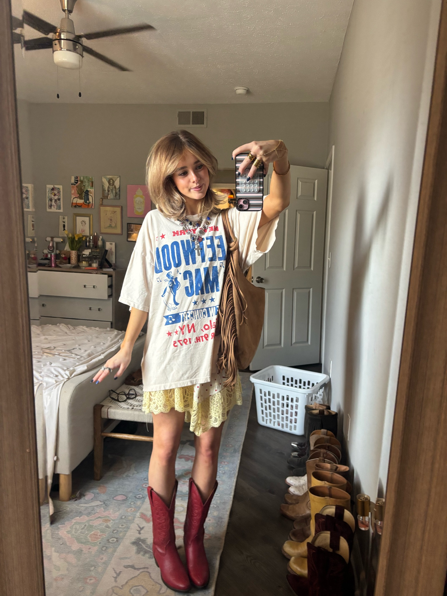 2 THINGS ARE THRIFTED! 
Slip dress: Free People City Wanders Trapeze Slip
Boots: vintage wranglers from Facebook Marketplace! I wish I had the name! 