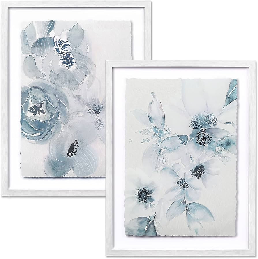 ArtbyHannah 12x16 Floral Framed Wall Art Set with White Frames and Watercolor Blue Flowers Bouque... | Amazon (CA)