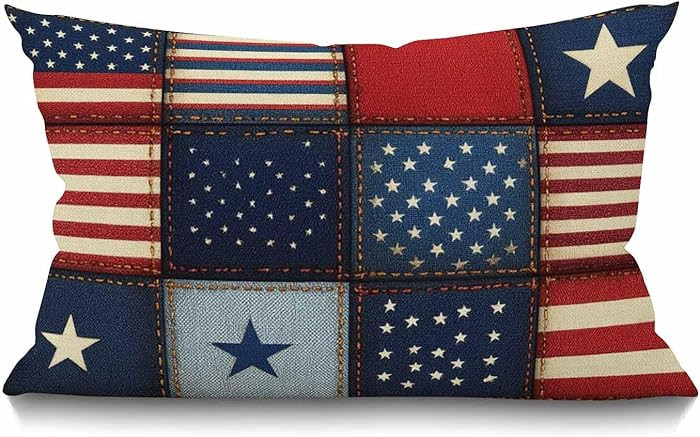 Smooffly American Flag Patchwork Farmhouse Pillow Cover with Stripe and Star Decorations Cushion ... | Amazon (US)