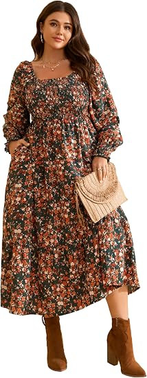 RWJ Women Plus Size Fall Dresses Long Sleeve Smocked Boho Floral Maxi Dress | 2026 Square Neck Em... | Amazon (US)