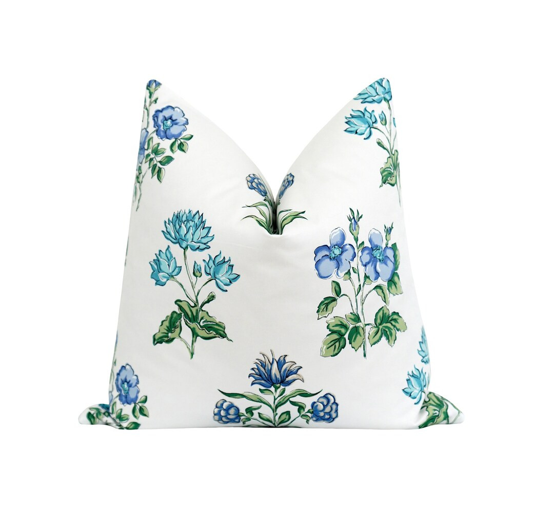 Floral Bouquet Pillow Cover, Blue Turquoise Green Botanical Pillow Cover, Blue Green Accent Pillo... | Etsy (US)