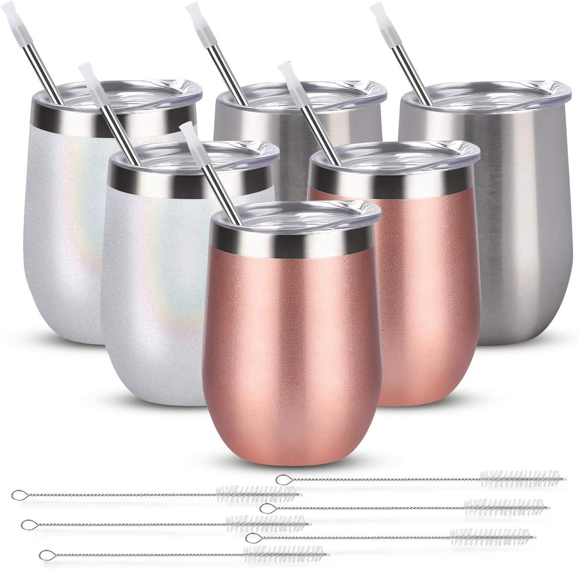 6 Pack 12Oz Stainless Steel Stemless Wine Glass, Double Wall Vacuum Insulated Wine Tumbler with L... | Amazon (US)