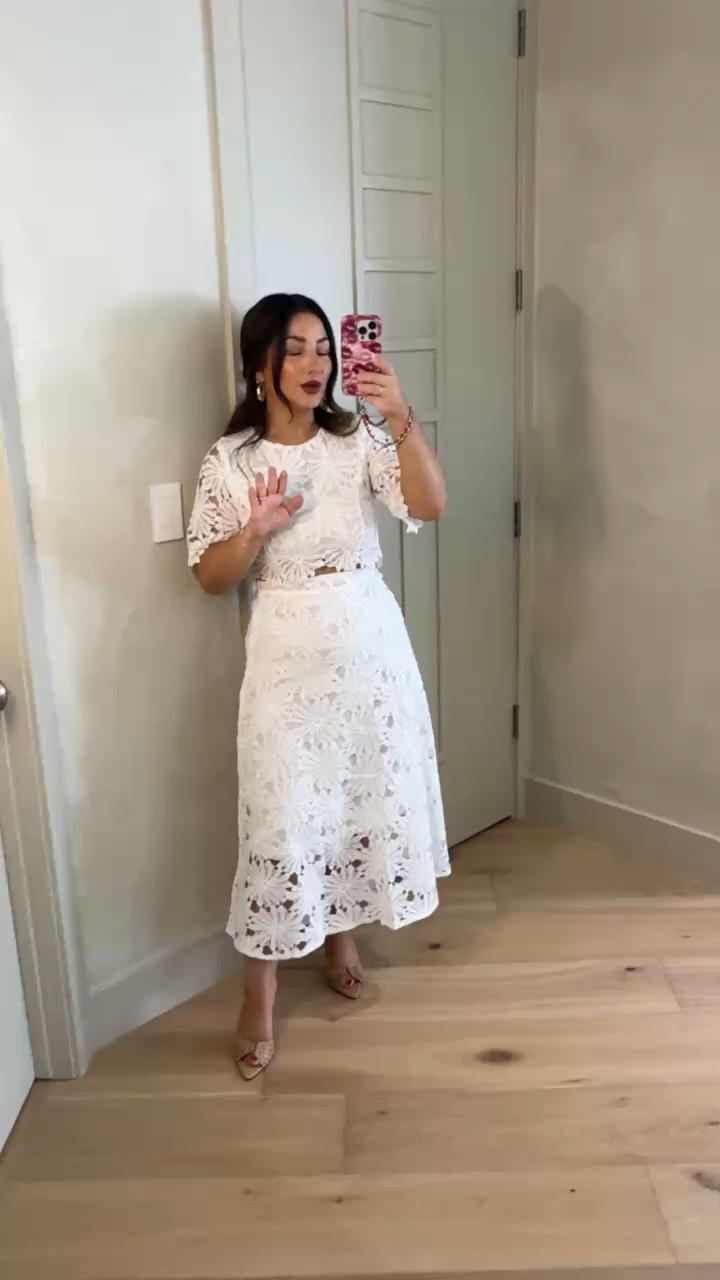 Gorgeous lace cropped top and skirt! Perfect for events this season! Showers, graduation, birthday dinner! 

I'm in a size small 
Runs TTS but slightly tight around the waist so size up if in between!

5'0" 140lbs 
Petite friendly

#LTKPetite #LTKTravel #LTKWedding