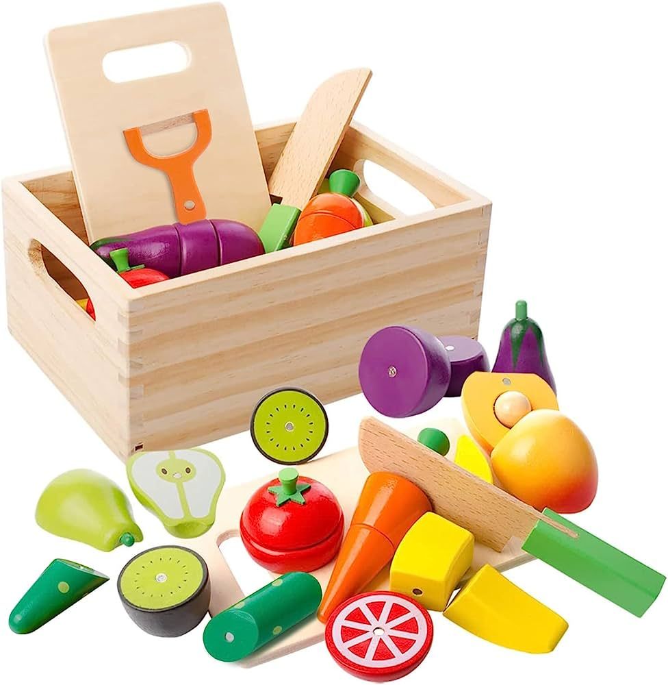 SENZYKG Wooden Play Food Sets for Kids Kitchen Toys Food Cutting Fruits and Vegetables for 2 Year... | Amazon (US)