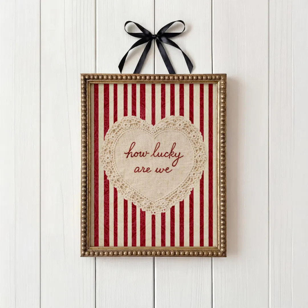 How Lucky Are We Wall Art, Vintage Valentine Lace Heart Print, Romantic Coquette Decor, Red Strip... | Etsy (US)