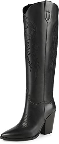 ISNOM Women's Western Boots Knee High Boots, Cowboy Cowgirl Embroidered Chunky Block Heel Pointed... | Amazon (US)