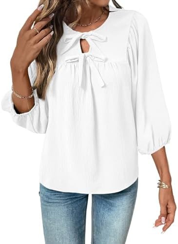 SHEWIN Womens Tops 3/4 Sleeves Blouse Babydoll Dressy Casual Top Elegant Bow Tie Loose Ladies Shi... | Amazon (US)