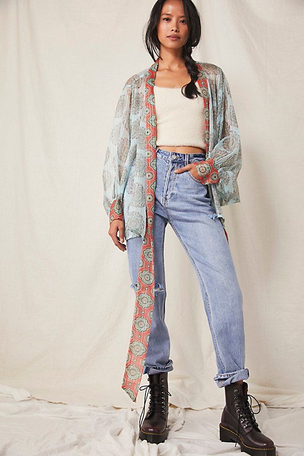 Kantha Shimmer Tie Front Kimono by Free People, Cool Blue, One Size | Free People (Global - UK&FR Excluded)
