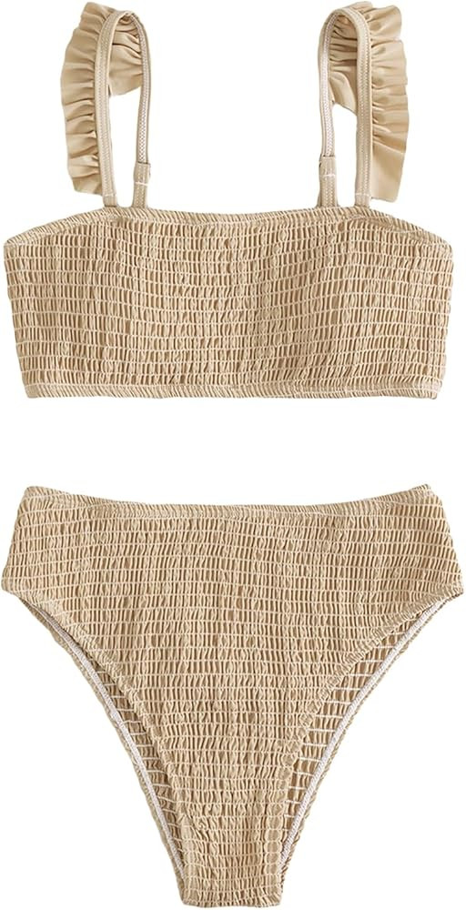 MakeMeChic Women's 2 Piece Swimsuit Bikini Set Ruffle Trim High Waist Triangle Bathing Suit Swimw... | Amazon (US)