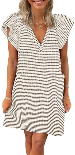 COCCKO Womens Striped Mini Dress Ruffle Puff Sleeve with Pockets | Oversized Deep V-Neck Sundress... | Amazon (US)
