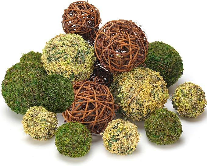 BYHER Decorative Balls for Centerpiece Bowls, 18pcs Fake Moss Balls + Wicker Rattan Balls Set Vas... | Amazon (US)