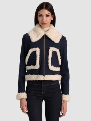 Isaiah Faux Shearling Denim Aviator Jacket - Dark Rinse/Chino | Alice + Olivia