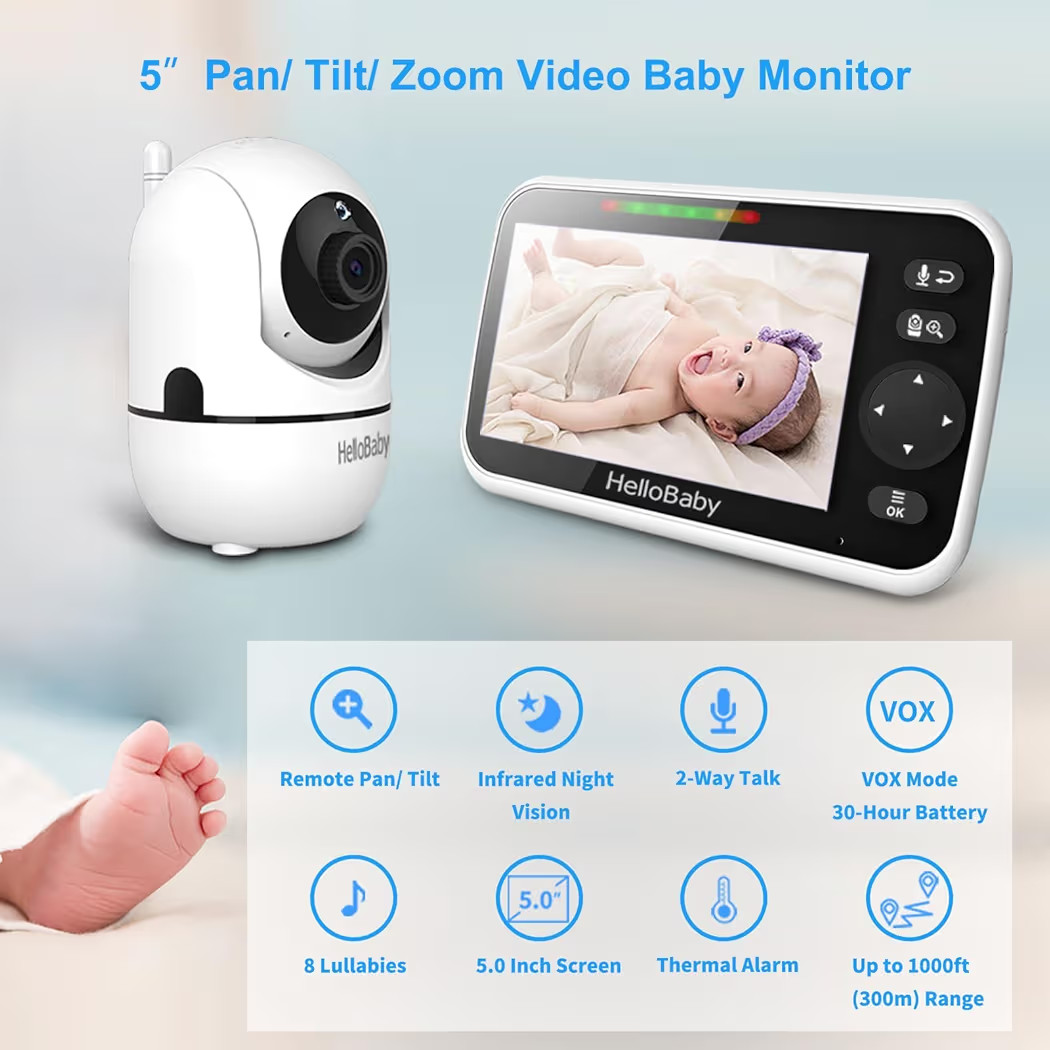 HelloBaby No WiFi Baby Monitor 5" Screen 30-Hour Battery Pan-Tilt-Zoom Video Upgrade with Camera ... | Amazon (US)
