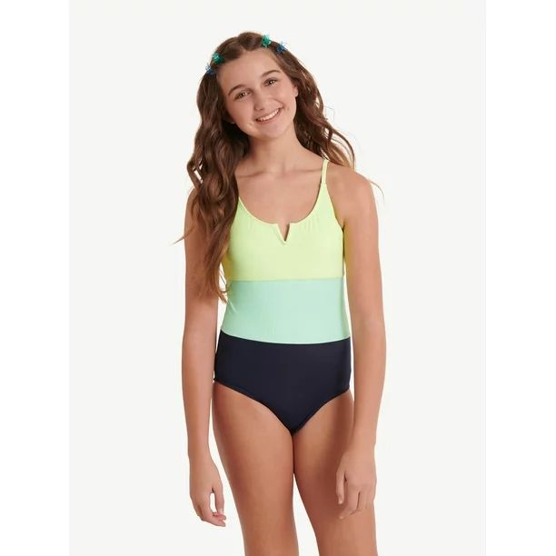 Justice Girls Ribbed Colorblocked One-Piece Swimsuit, Sizes 5-18 | Walmart (US)