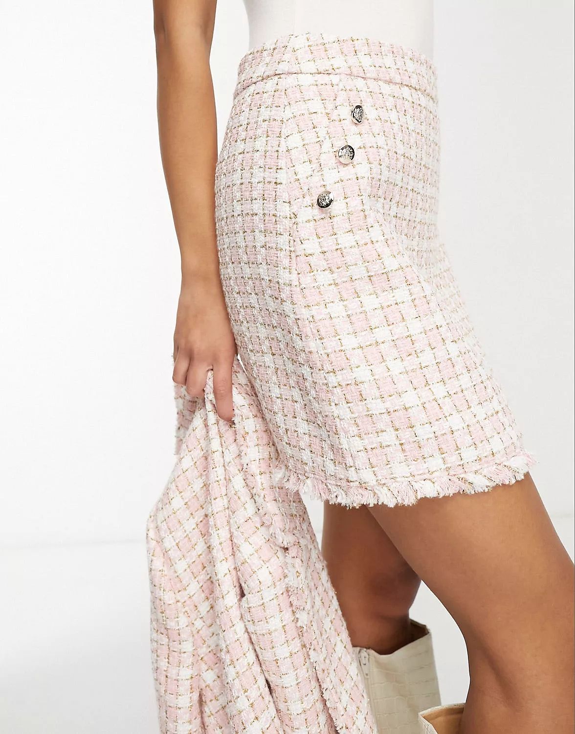 Miss Selfridge pelmet boucle mini skirt in pink and white check | ASOS (Global)