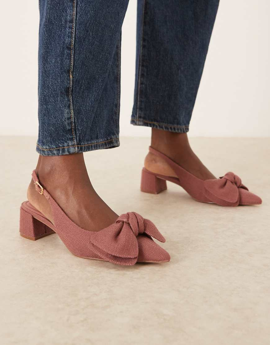 ASOS DESIGN Symbol bow slingback mid block heeled shoes in pink | ASOS (Global)