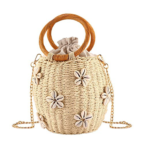 NIBD Flower Pearls Rattan Tote Bag Summer Beach Drawstring Straw Bucket Bag Diamonds Woven Handbag (D White) | Amazon (US)