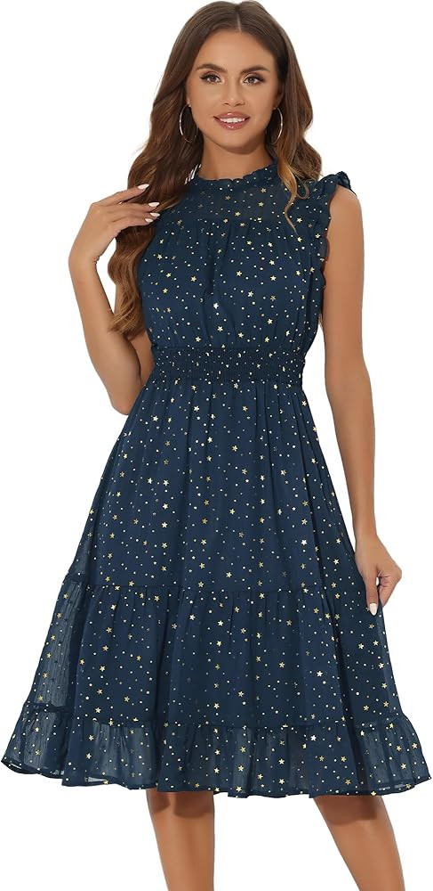 Allegra K Casual Chiffon Midi Dress for Women Sleeveless Smocked Waist Gilding Metallic Stars Par... | Amazon (US)