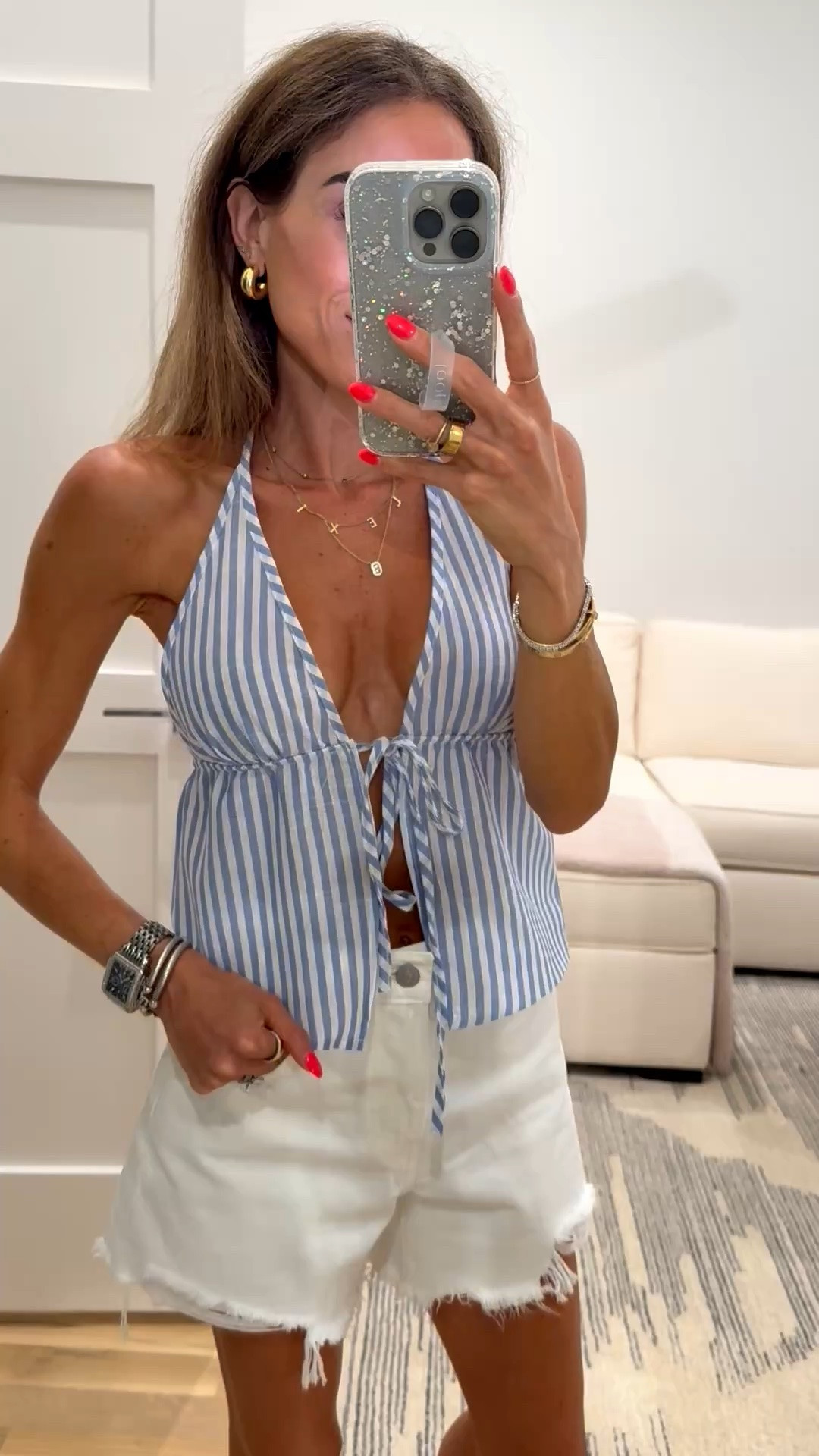 An easy stammer outfit for everyday or vacation. This halter stripe top looks so expensive but is Amazon. White denim shorts are 40% off  wearing 23

#LTKPetite #LTKootd