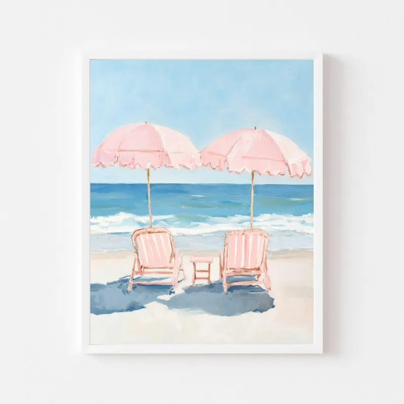 Two Pink Beach Umbrellas and Chairs Painting | Preppy Coastal Wall Art Print | Pastel Summer Digi... | Etsy (US)