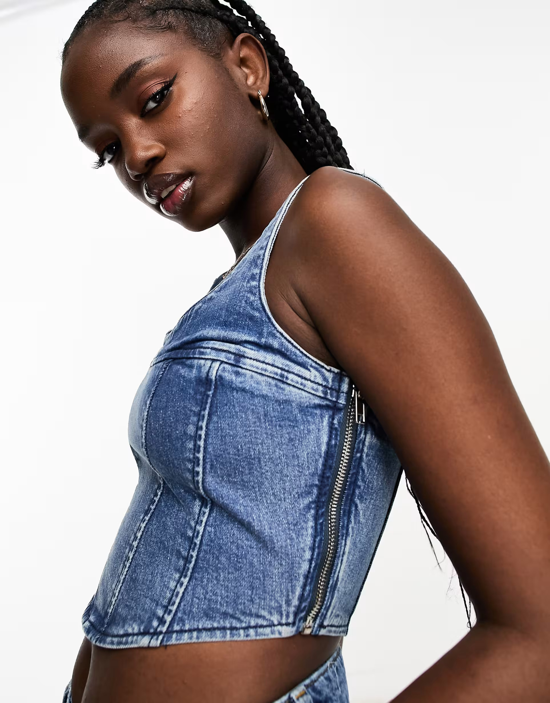 Urban Revivo denim corset top in blue | ASOS (Global)