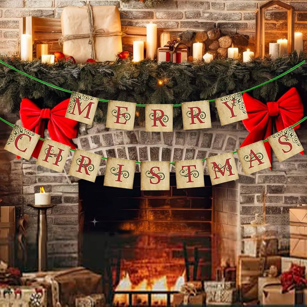 Vintage Christmas Decor - Vintage Merry Christmas Banner Sign - Nostalgic Traditional Old Fashion... | Amazon (US)