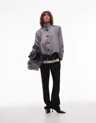 ASOS DESIGN tailored funnel neck tab detail jacket in charcoal | ASOS (Global)