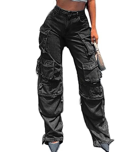 Women's High Waisted Baggy Cargo Jeans Straight Wide Leg Y2K Cargo Denim Pants with Flap Pockets Streetwear Black | Amazon (US)