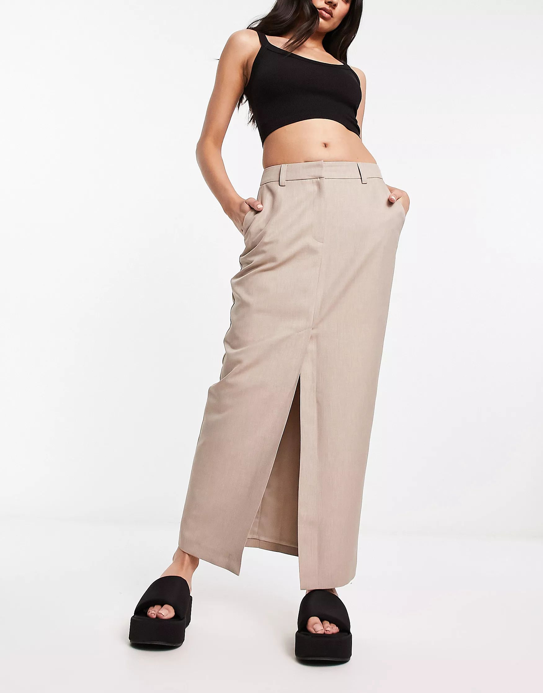 Miss Selfridge tailored maxi skirt in taupe | ASOS (Global)