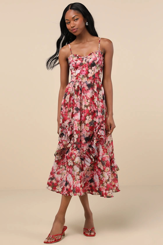 Maisley Red Multi Floral Bustier Ruffled Midi Dress | Lulus
