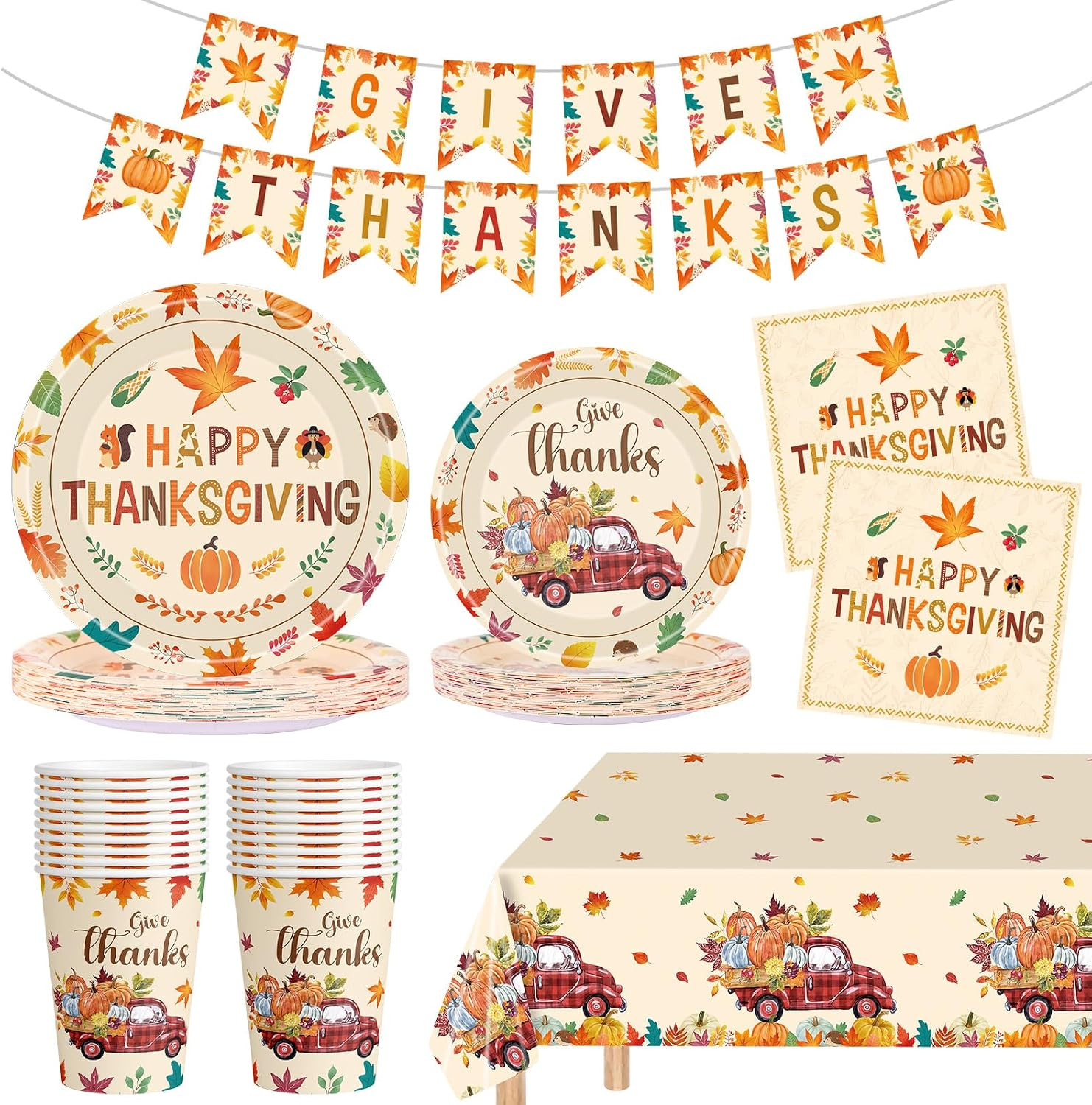 102 Pcs Thanksgiving Party Supplies Sets - Includes Happy Thanksgiving Dinner Paper Plates Napkins, Give Thanks Banner Dessert Plates Cups Tablecloth for Fall Thanks Giving Party Decorations, Serve 25 | Amazon (US)