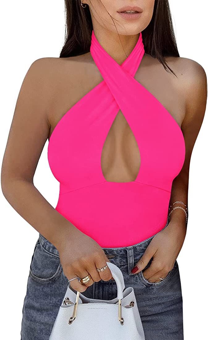 REORIA Women's Sexy Criss Cross Halter Neck Sleeveless Thong Bodysuits Tops Clubwear | Amazon (US)