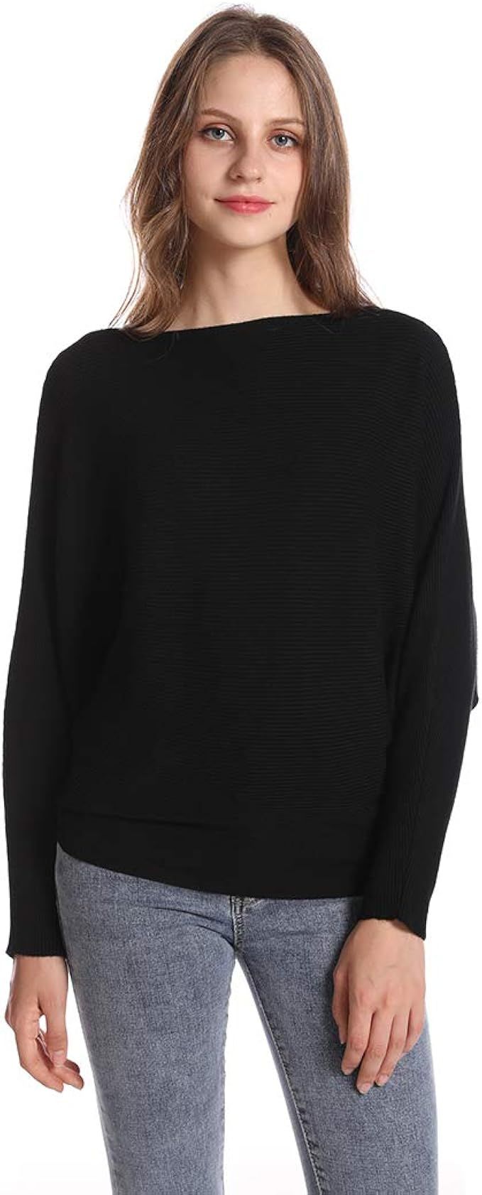 Women's Batwing Sleeves Sweater Solid Boat Neck Knit Pullover Dolman Sweater Tops for Women | Amazon (US)