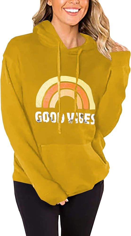 Womens Graphic Hoodies Good Vibes Rainbow Drawstring Casual Hooded Pullover Sweatshirt | Amazon (US)