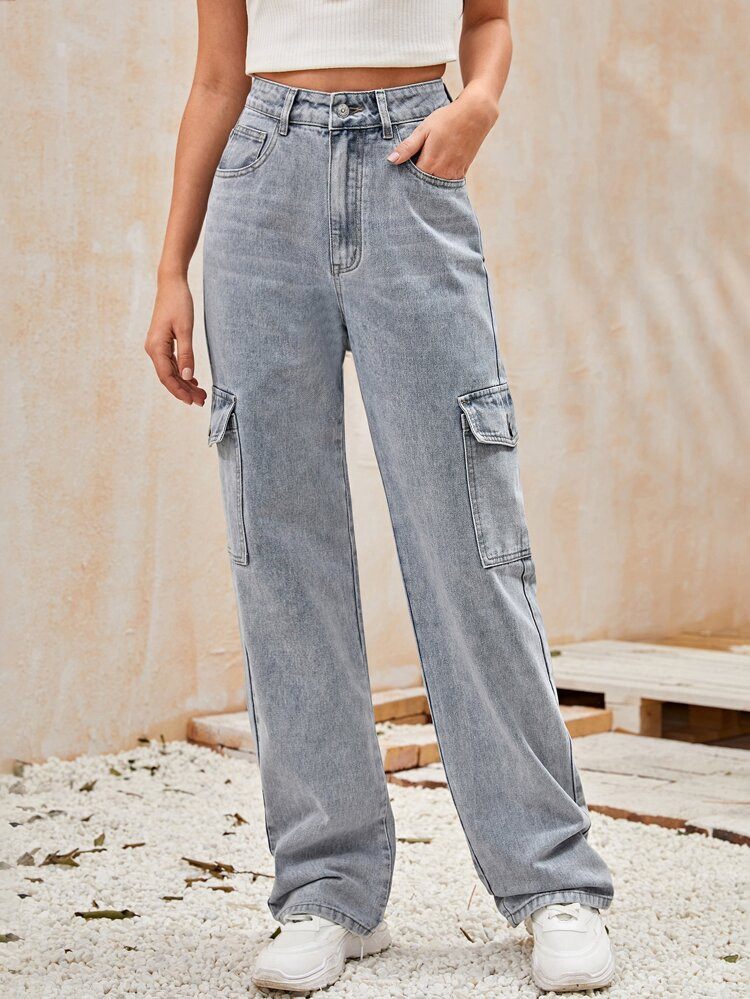 High Waisted Flap Pocket Side Baggy Jeans | SHEIN