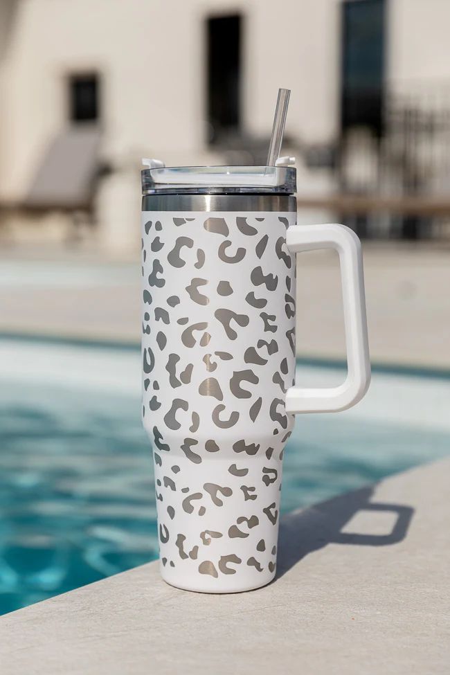 Sippin' Pretty White Leopard 40 oz Drink Tumbler With Lid And Straw | Pink Lily