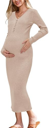 OUGES Women's Wool Blend 2025 Winter Maternity Sweater Dress V Neck Long Sleeve Slim Fit Ribbed K... | Amazon (US)