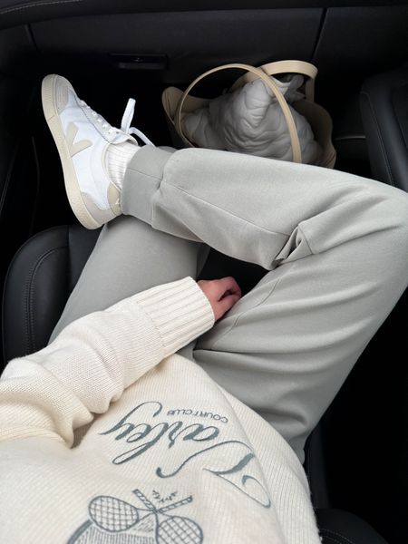 Varley Edie sweater. Love love love this sweater. Wearing the xs but I think the small would be roomier and comfier. 

Varley sweater xs
Varley joggers xs 27.5”
Veja sneakers 36