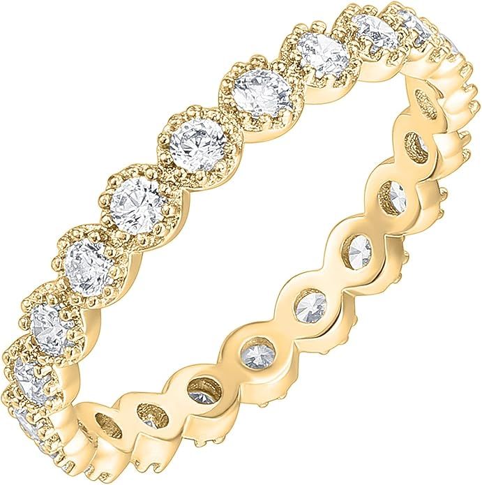 PAVOI 14K Gold Plated Rings Cubic Zirconia Band | Marquise Milgrain Eternity Bands | Gold Rings f... | Amazon (US)