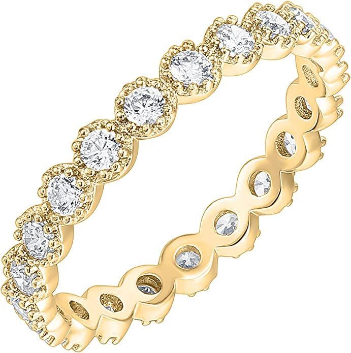 PAVOI 14K Gold Plated Rings Cubic Zirconia Band | Marquise Milgrain Eternity Bands | Gold Rings f... | Amazon (US)