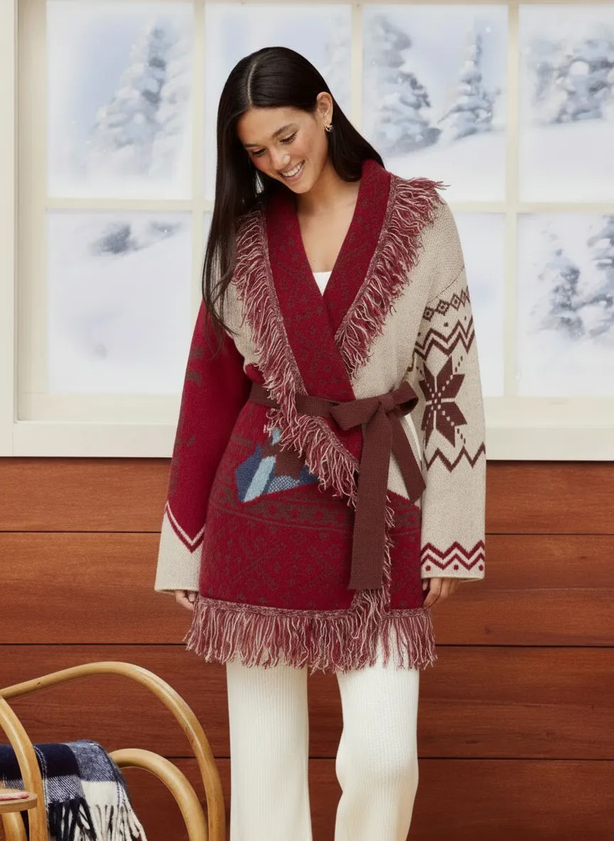 Knit Collar Pattern Colorblock Tassel Oversized Cardigan With Belt | Cider