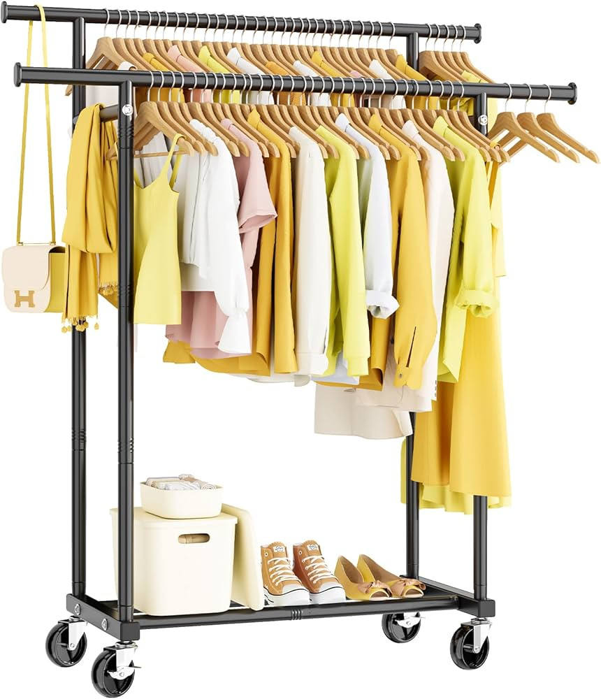 HYSEYY Double Rods Clothes Rack, Rolling Clothing Rack for Hanging Clothes Portable Wardrobe Rack... | Amazon (US)