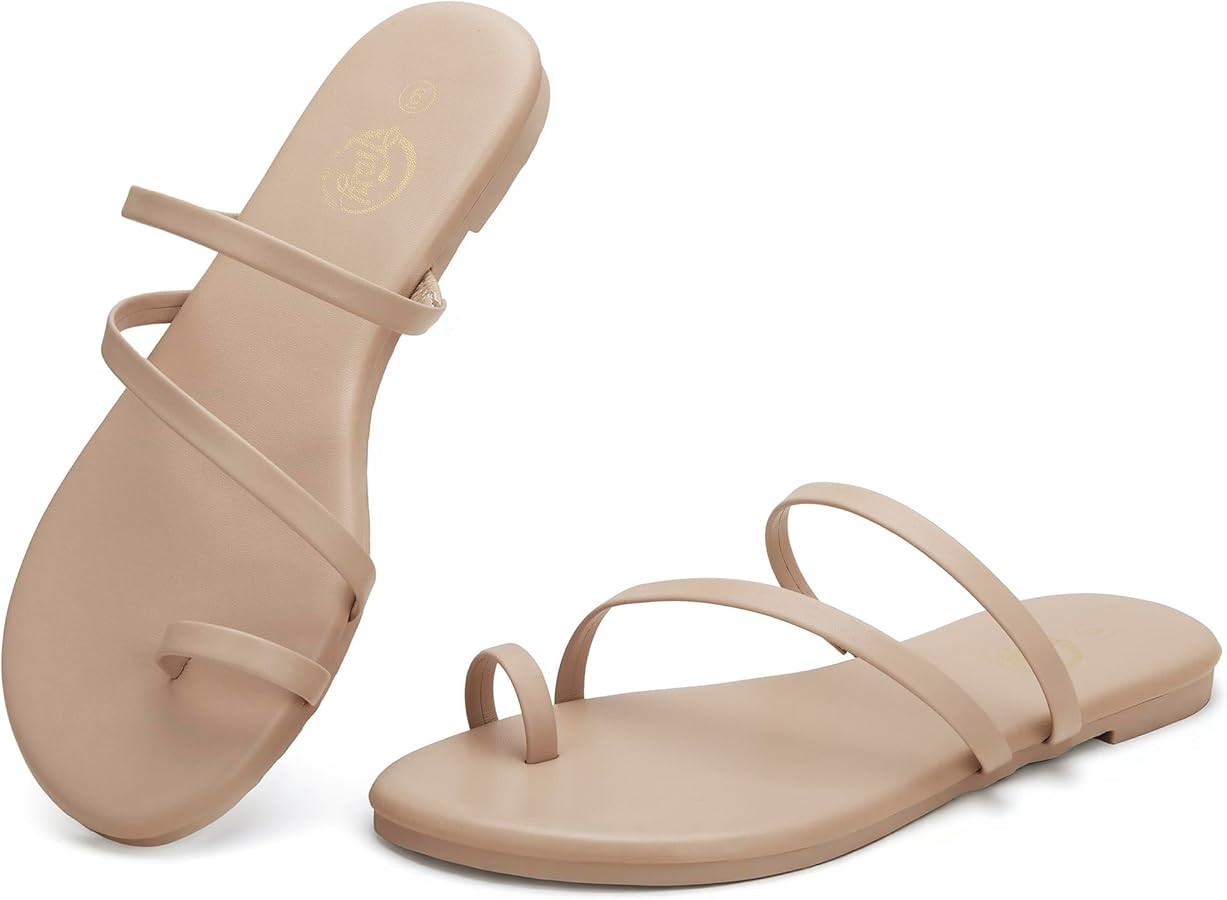 Trary Women's Flat Sandals, Miami Toe Loop Strappy Sandals, Dressy Summer Flip Flops Strappy Dres... | Amazon (US)