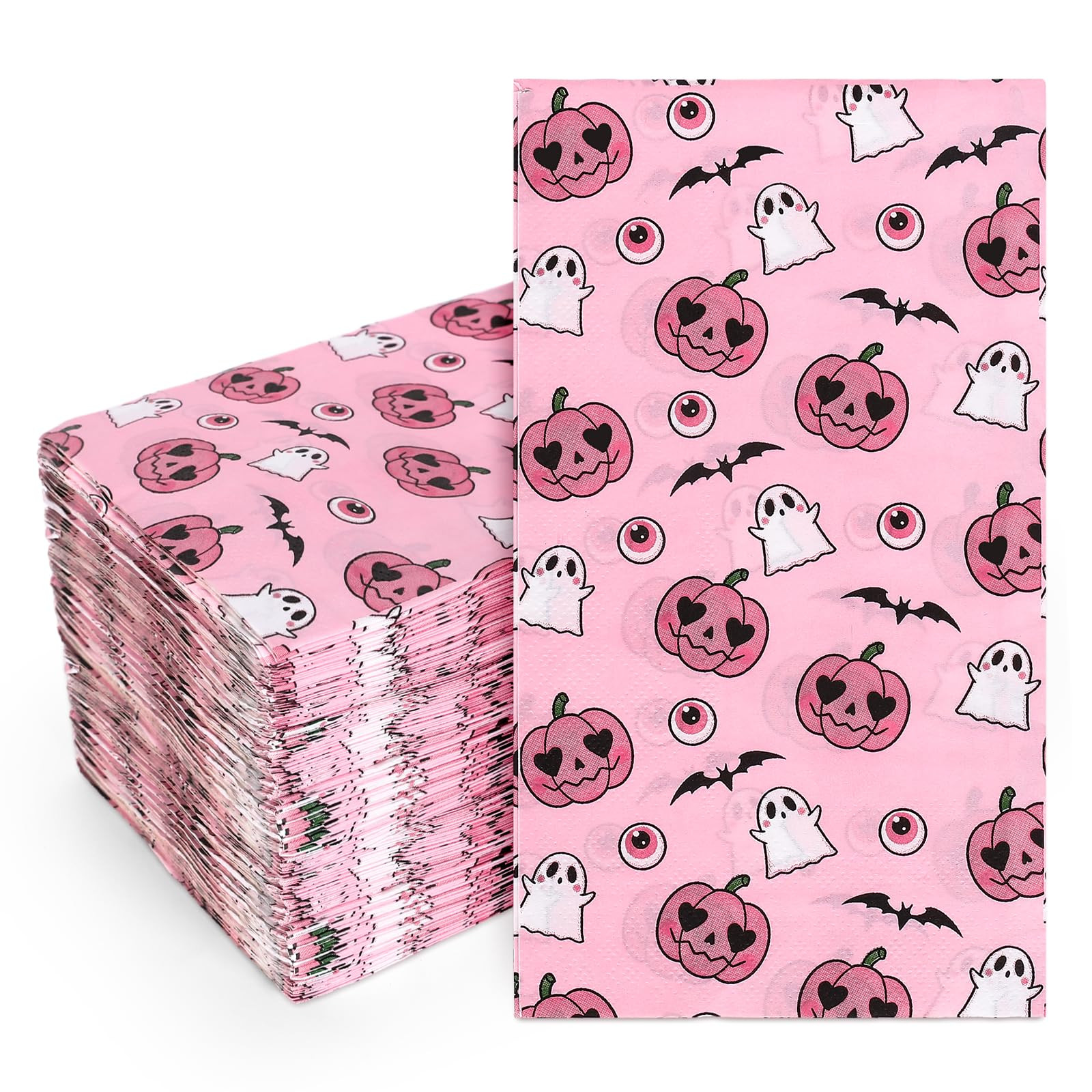Whaline 100Pcs Halloween Guest Napkins Pink Cute Ghost Pumpkin Bats Disposable Napkins Cartoon Di... | Amazon (US)
