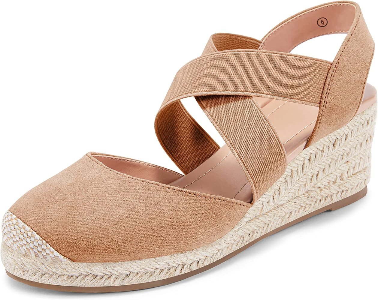Syktkmx Womens Espadrille Platform Elastic Strappy Closed Toe Wedge Criss Cross Mid Heel Sandals | Amazon (US)