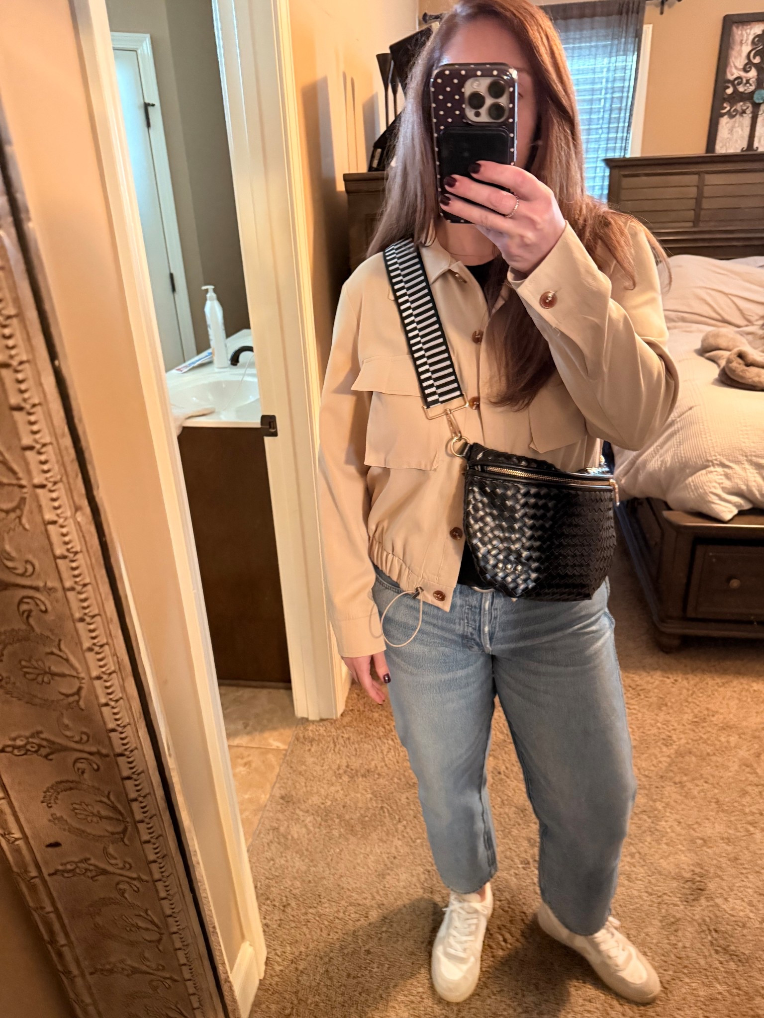 When you want to look put together but still be comfy all day ✨ 

Neutral jacket + straight leg denim + fresh white sneakers = my go-to formula lately.

The woven crossbody with the striped strap gives this outfit just enough personality without trying too hard. Perfect for errands, travel days, or grabbing coffee ☕️

#LTKSeasonal #LTKOver40 #LTKootd